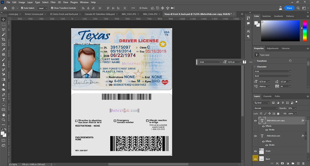 texas driving license template